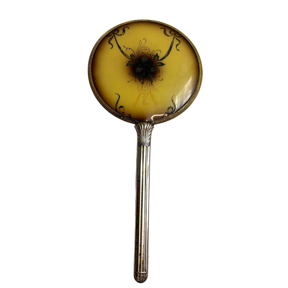 1920s Art Deco Vanity Mirror Early Plastic Painted Bow Gold Silver Handle